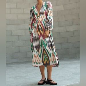Guadalupe Atira Ikat Long Sleeve Multicolor Midi Dress size Medium